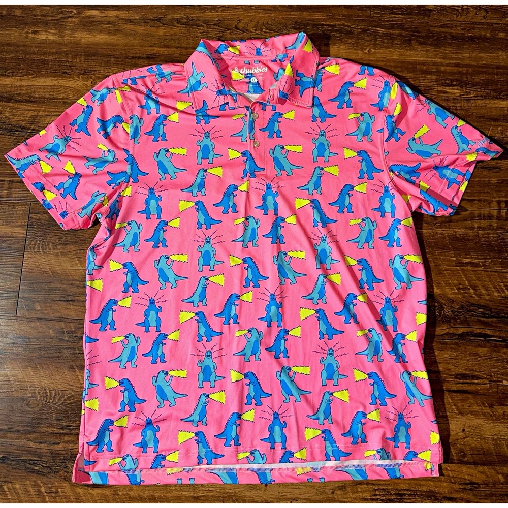 Chubbies Men's XL Pink Dinosaur Graphic Print Stretch Jersey Polo Golf Shirt